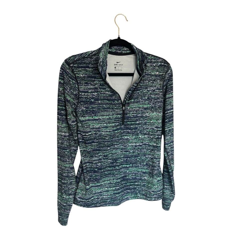 Nike Dri-FIT Womens Quarter Zip Pullover Green Navy Blue Static Print Size M